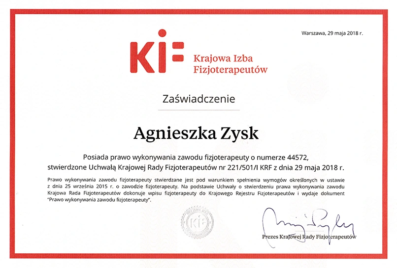 Zaświadczenie KIF Agnieszka Zysk Fizjoterapia